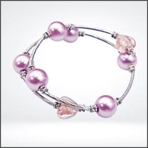 Pink Faux Pearl Wrap Bracelet with Silver Tone Tubes & Glass Heart Accents
